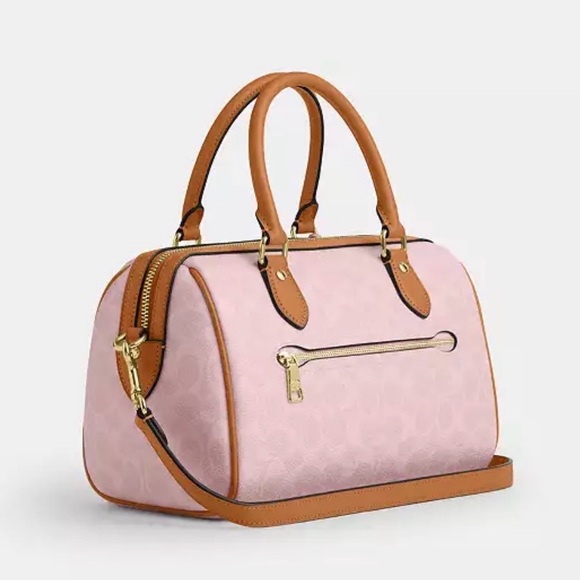 Coach Medium Rowan Satchel Bag In Signature Canvas With Charms Powder Pink